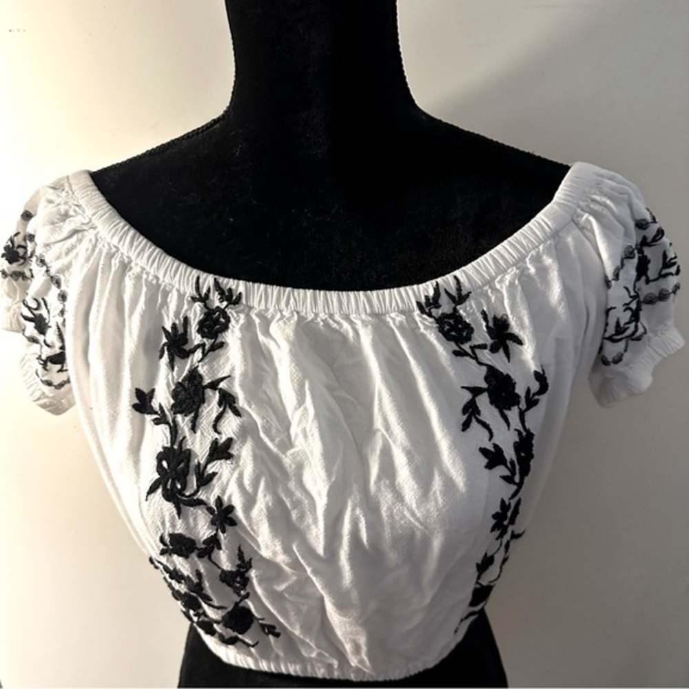 Japan White Smocked Cropped Blouse with Puff Sleeves and Black Embroidery